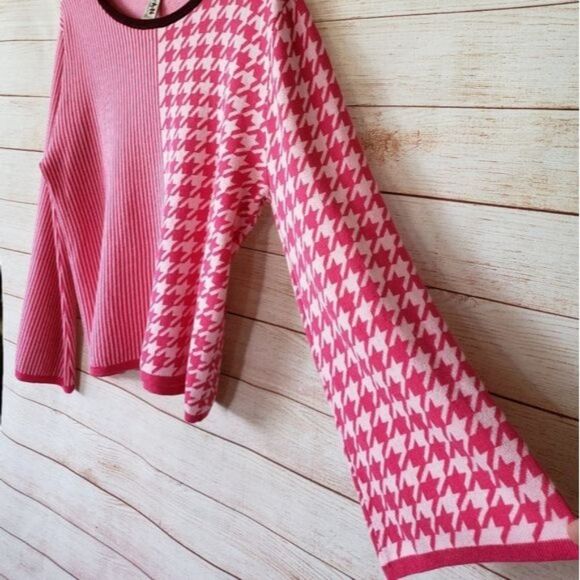 Anthro Dolan Knit Lounge Bell Sleeve Striped/Houndstooth Sweater - Picture 7 of 10